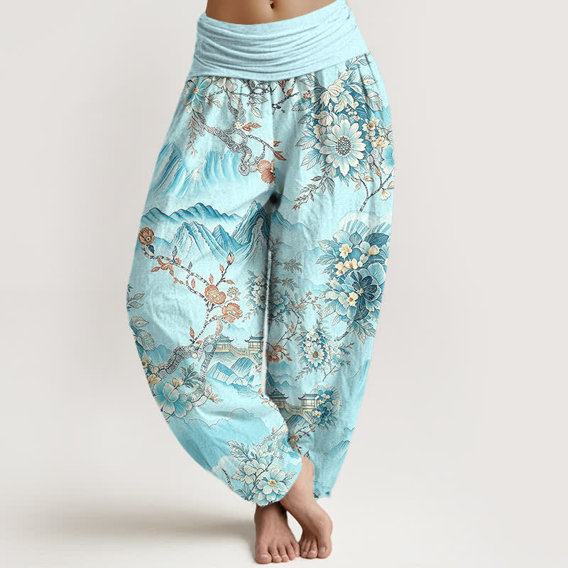 Buddha Stones Cotton Oriental Mountain Floral Pattern Women's Elastic Waist Harem Pants - Cyan - US16，UK/AU20，EU48 (3XL) - image 6