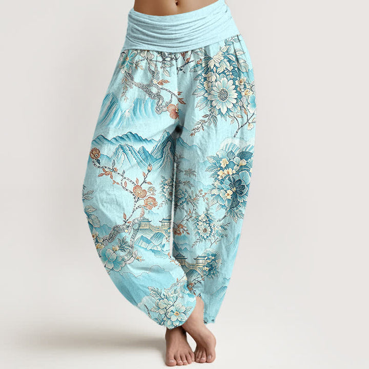 Buddha Stones Cotton Oriental Mountain Floral Pattern Women's Elastic Waist Harem Pants - Cyan - US16，UK/AU20，EU48 (3XL) - image 6