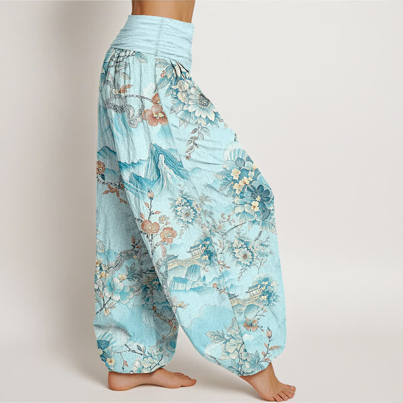 Buddha Stones Cotton Oriental Mountain Floral Pattern Women's Elastic Waist Harem Pants - image 7