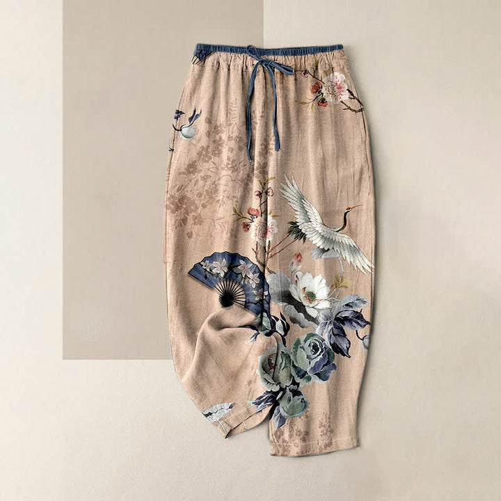 Buddha Stones Pure Cotton Oriental Crane Fan Pattern Women's Elastic Waist Pants With Pockets - Wheat - US16，UK/AU20，EU48 (3XL) - image 0