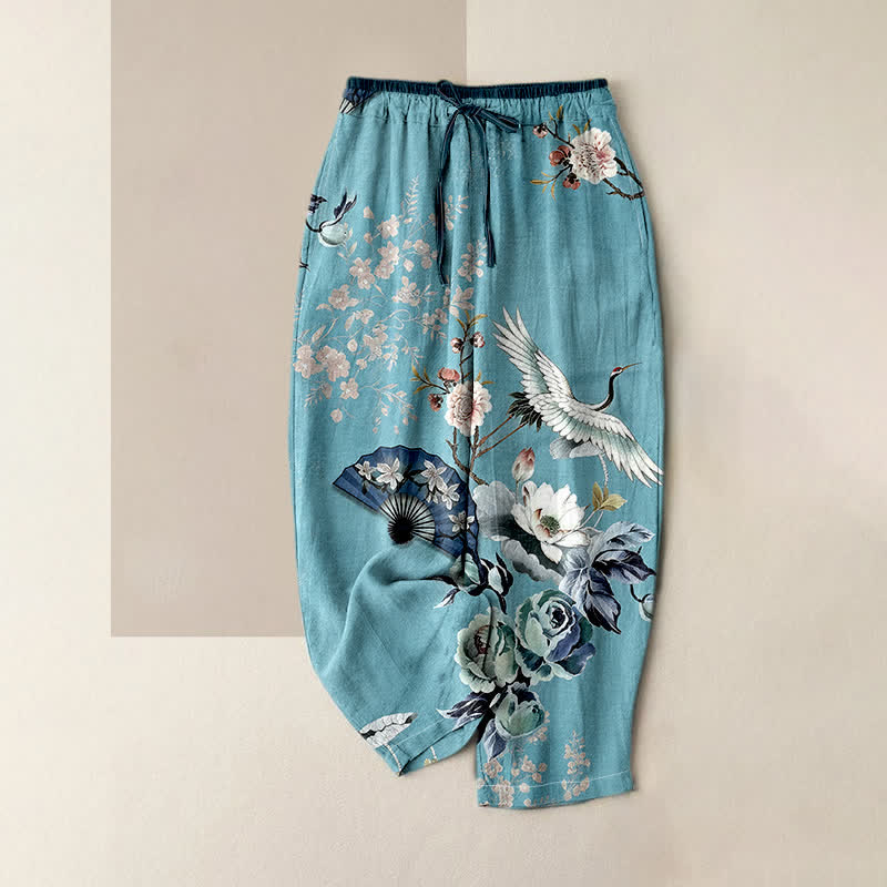 Buddha Stones Pure Cotton Oriental Crane Fan Pattern Women's Elastic Waist Pants With Pockets - SkyBlue - US16，UK/AU20，EU48 (3XL) - image 3