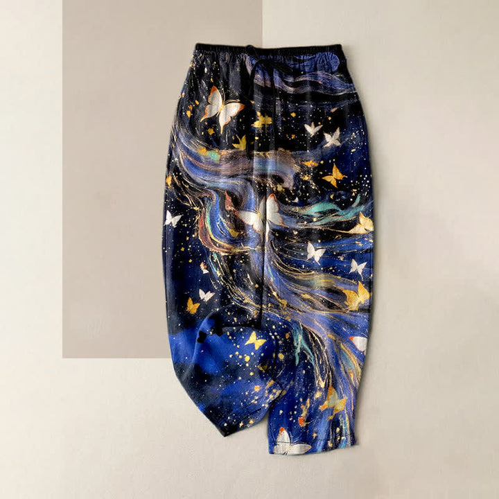 Buddha Stones Cotton Starry Butterfly Ribbon Pattern Women's Elastic Waist Pants With Pockets - MidnightBlue - US16，UK/AU20，EU48 (3XL) - image 0