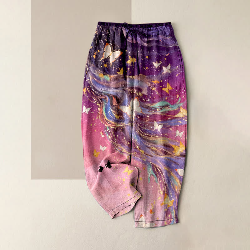 Buddha Stones Cotton Starry Butterfly Ribbon Pattern Women's Elastic Waist Pants With Pockets - Purple - US16，UK/AU20，EU48 (3XL) - image 4