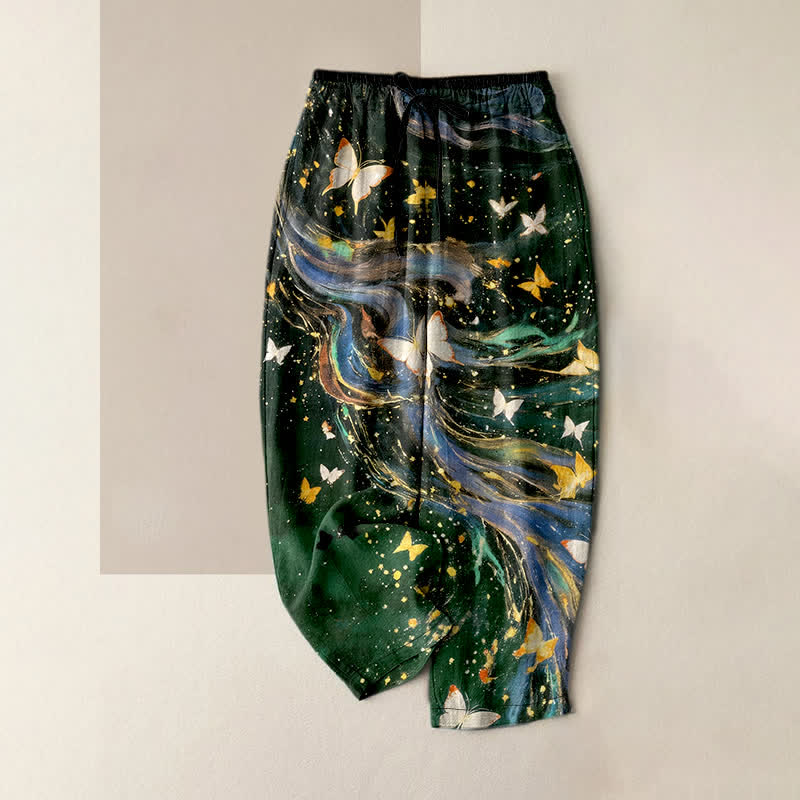 Buddha Stones Cotton Starry Butterfly Ribbon Pattern Women's Elastic Waist Pants With Pockets - DarkGreen - US16，UK/AU20，EU48 (3XL) - image 5