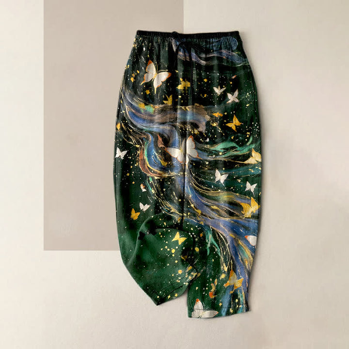 Buddha Stones Cotton Starry Butterfly Ribbon Pattern Women's Elastic Waist Pants With Pockets - DarkGreen - US16，UK/AU20，EU48 (3XL) - image 5