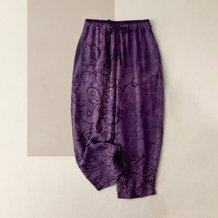 Buddha Stones Cotton Velvet Vine Scroll Pattern Women's Elastic Waist Pants With Pockets - Purple - US16，UK/AU20，EU48 (3XL) - image 0
