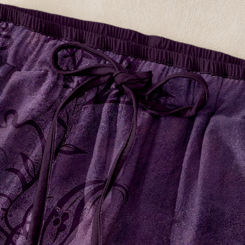 Buddha Stones Cotton Velvet Vine Scroll Pattern Women's Elastic Waist Pants With Pockets - image 2