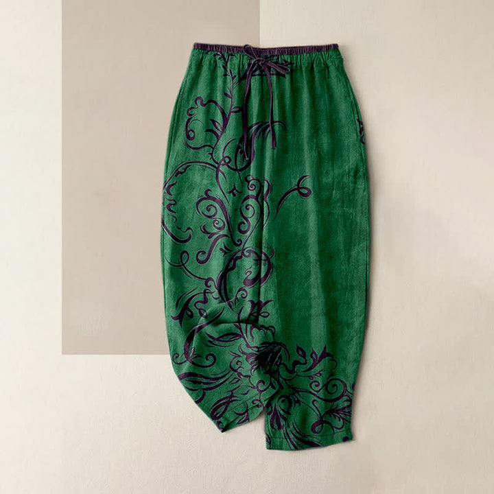 Buddha Stones Cotton Velvet Vine Scroll Pattern Women's Elastic Waist Pants With Pockets - ForestGreen - US16，UK/AU20，EU48 (3XL) - image 4