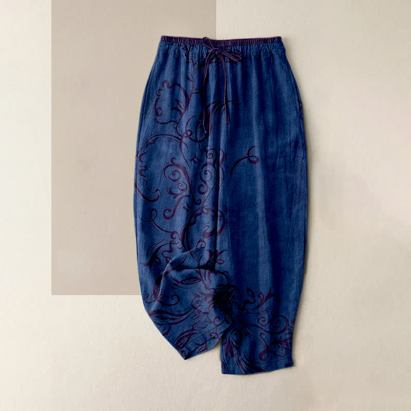 Buddha Stones Cotton Velvet Vine Scroll Pattern Women's Elastic Waist Pants With Pockets - Navy - US16，UK/AU20，EU48 (3XL) - image 5