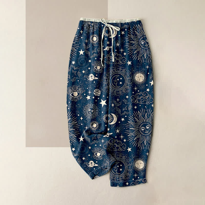 Buddha Stones Pure Cotton Celestial Sun Moon Stars Pattern Women's Elastic Waist Pants With Pockets - Navy - US16，UK/AU20，EU48 (3XL) - image 0