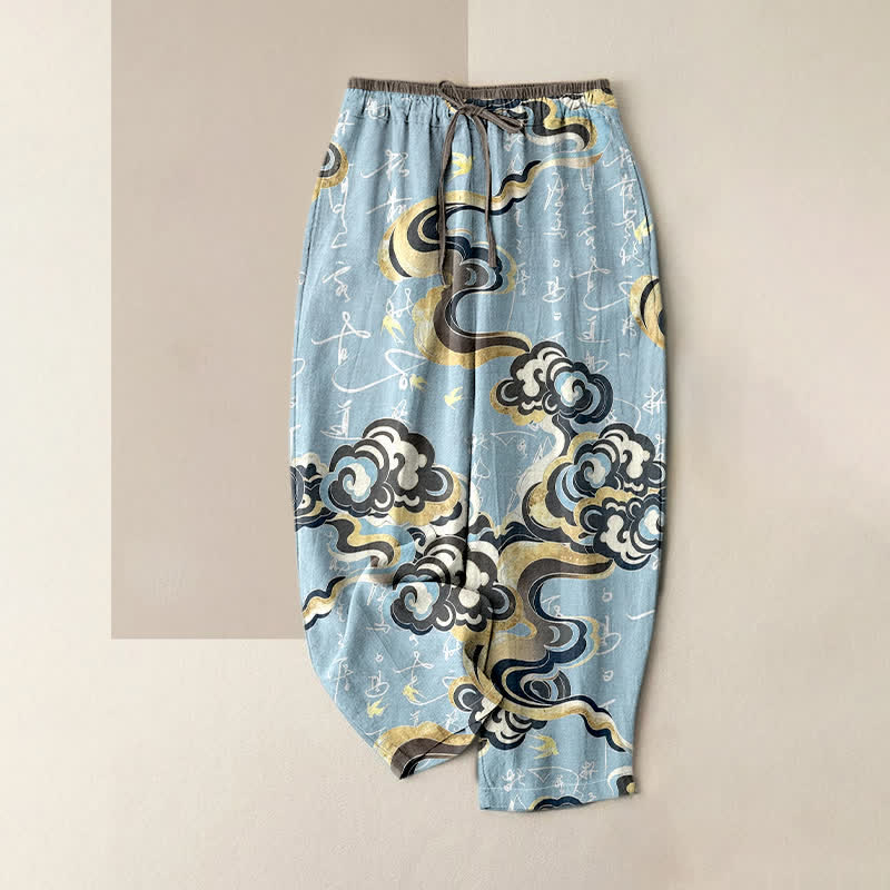 Buddha Stones Pure Cotton Oriental Cloud Calligraphy Pattern Women's Elastic Waist Pants With Pockets - PowderBlue - US16，UK/AU20，EU48 (3XL) - image 3