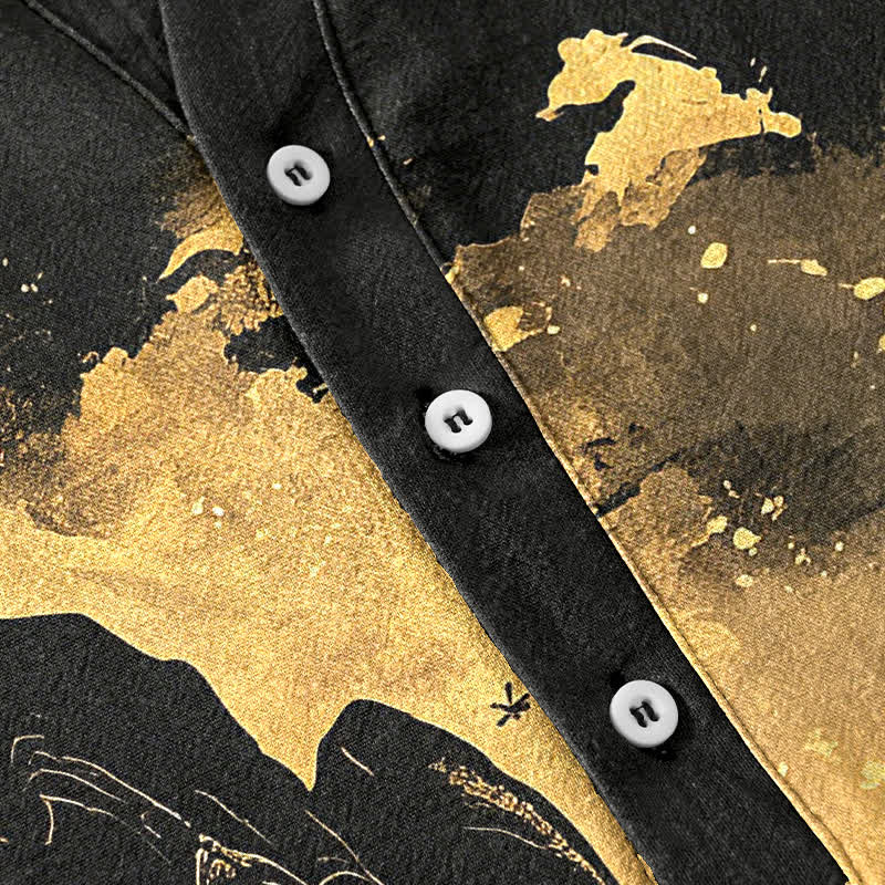 Buddha Stones Cotton Golden Moon Landscape Pattern Men's Short Sleeve Half Button Shirt - image 4