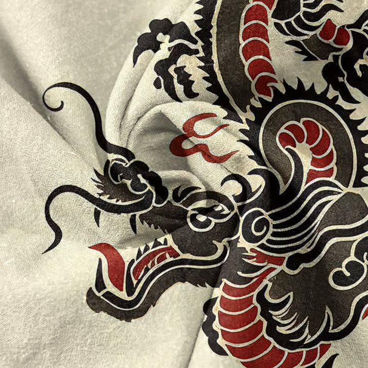 Buddha Stones Cotton Black Red Dragon Pattern Men's Short Sleeve Half Button Shirt - image 2