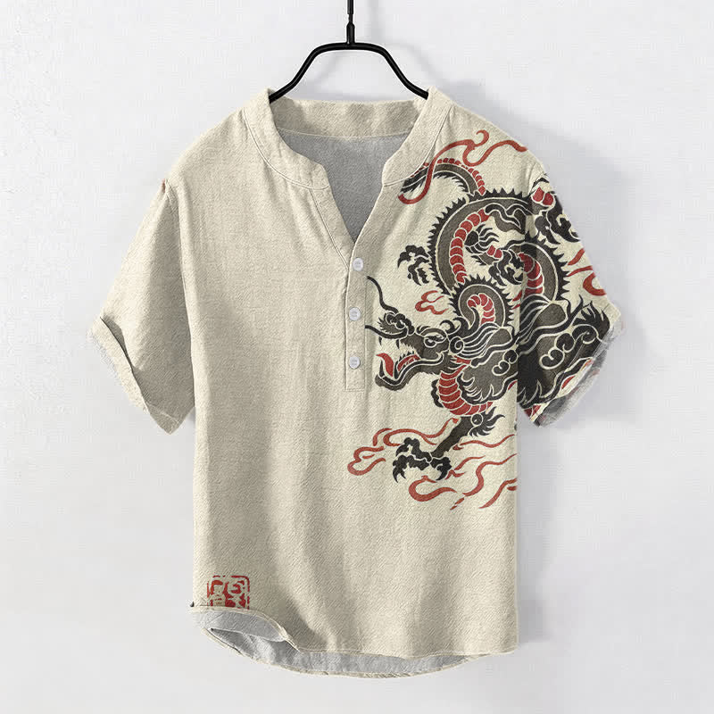 Buddha Stones Cotton Black Red Dragon Pattern Men's Short Sleeve Half Button Shirt - Beige - US/UK/AU50，EU60 (5XL) - image 0