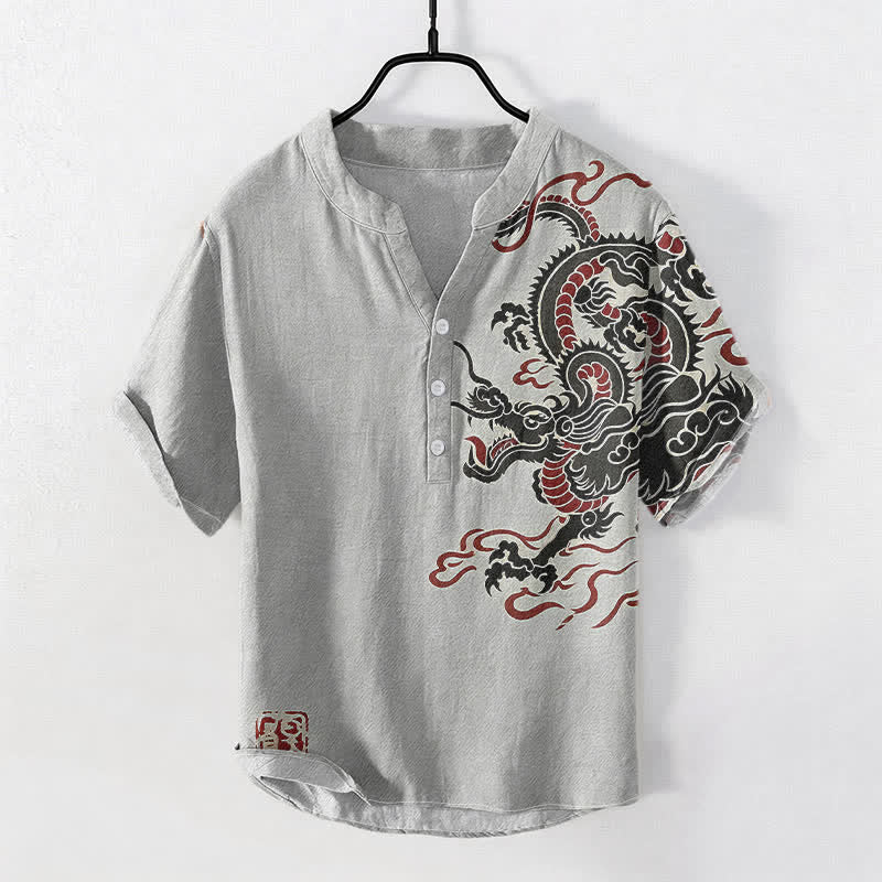 Buddha Stones Cotton Black Red Dragon Pattern Men's Short Sleeve Half Button Shirt - LightGrey - US/UK/AU50，EU60 (5XL) - image 3