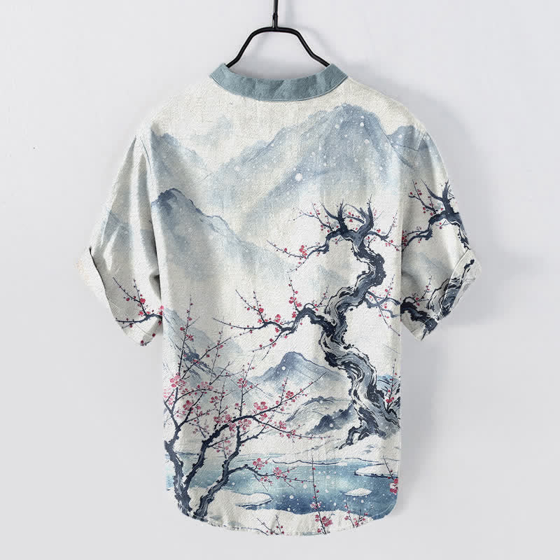 Buddha Stones Cotton Ink Wash Mountain Plum Pattern Half Button Men's Short Sleeve  Shirt - image 1