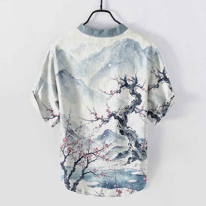 Buddha Stones Cotton Ink Wash Mountain Plum Pattern Half Button Men's Short Sleeve  Shirt - image 1