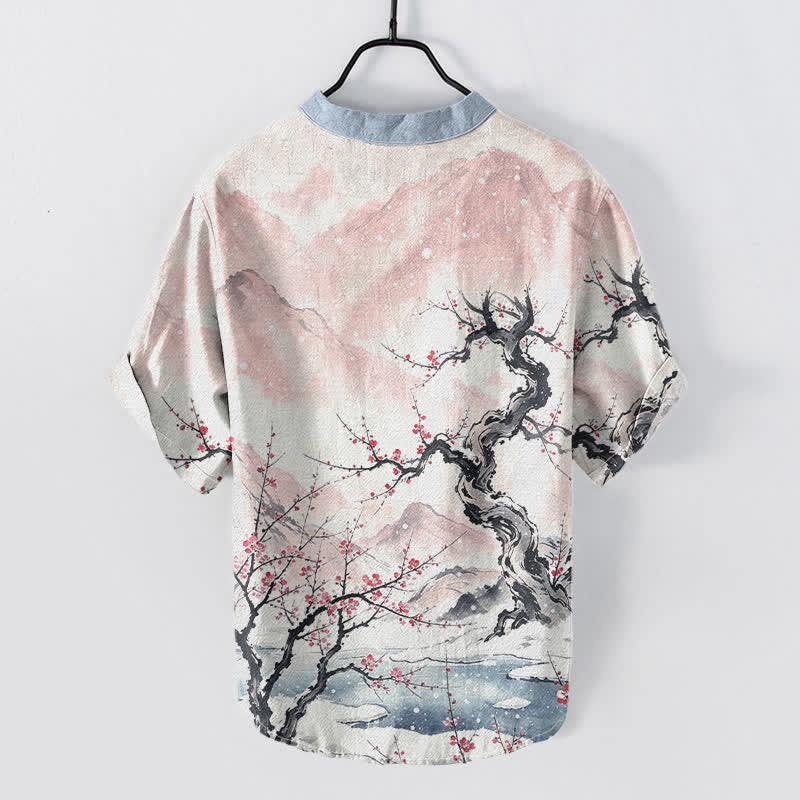 Buddha Stones Cotton Ink Wash Mountain Plum Pattern Half Button Men's Short Sleeve  Shirt - image 4