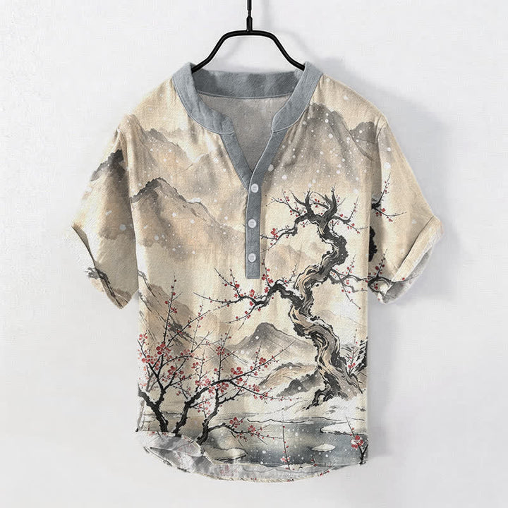 Buddha Stones Cotton Ink Wash Mountain Plum Pattern Half Button Men's Short Sleeve  Shirt - Wheat - US/UK/AU50，EU60 (5XL) - image 5