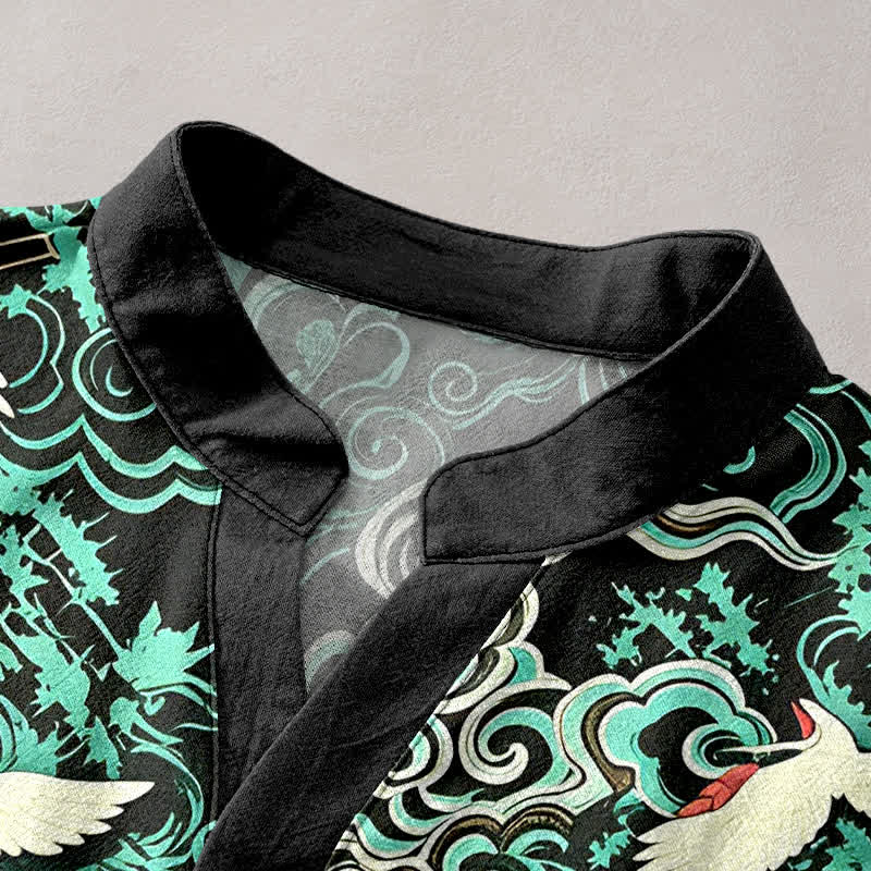 Buddha Stones Cotton Mint Cloud Crane Pattern Men's Short Sleeve Half Button Shirt - image 2