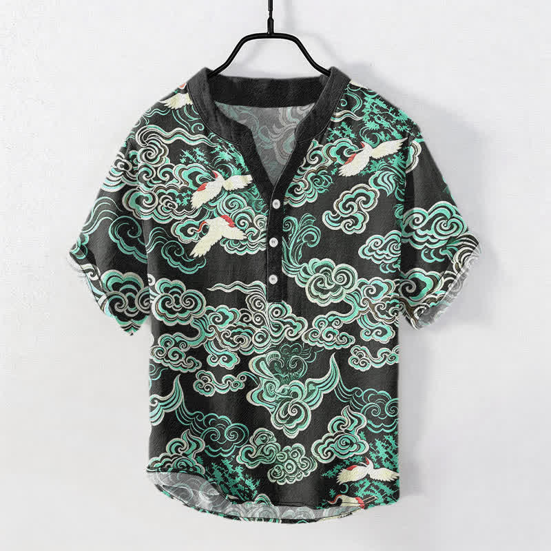 Buddha Stones Cotton Mint Cloud Crane Pattern Men's Short Sleeve Half Button Shirt - Black - US/UK/AU50，EU60 (5XL) - image 0