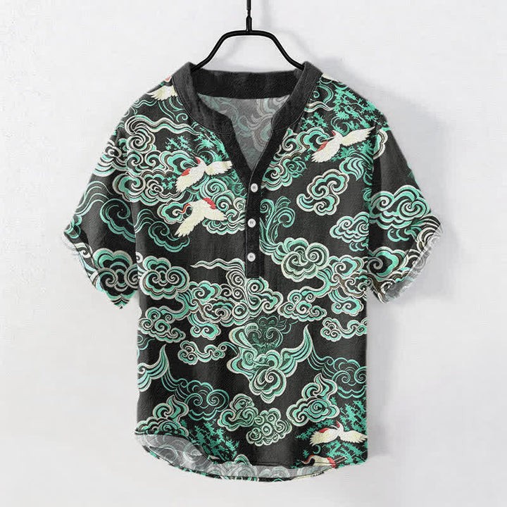 Buddha Stones Cotton Mint Cloud Crane Pattern Men's Short Sleeve Half Button Shirt - Black - US/UK/AU50，EU60 (5XL) - image 0