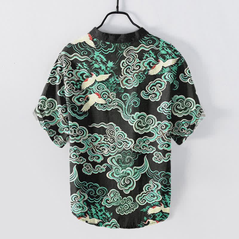 Buddha Stones Cotton Mint Cloud Crane Pattern Men's Short Sleeve Half Button Shirt - image 1