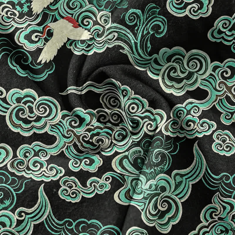 Buddha Stones Cotton Mint Cloud Crane Pattern Men's Short Sleeve Half Button Shirt - image 4