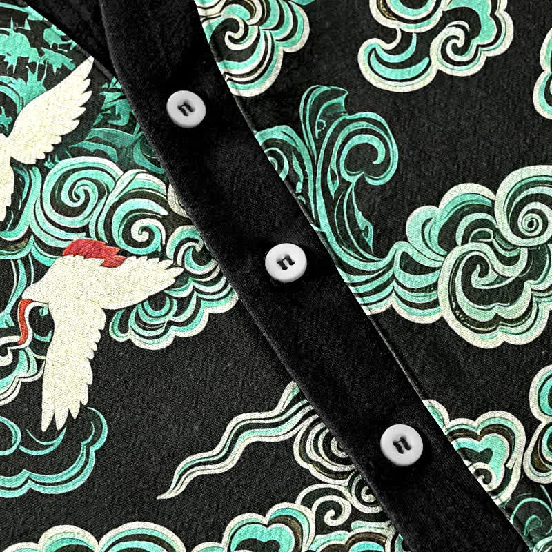 Buddha Stones Cotton Mint Cloud Crane Pattern Men's Short Sleeve Half Button Shirt - image 3