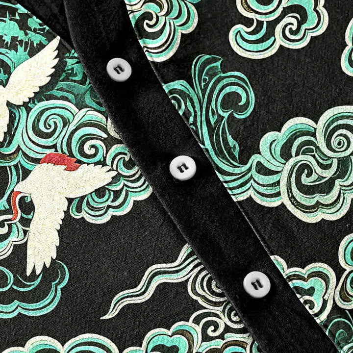 Buddha Stones Cotton Mint Cloud Crane Pattern Men's Short Sleeve Half Button Shirt - image 3