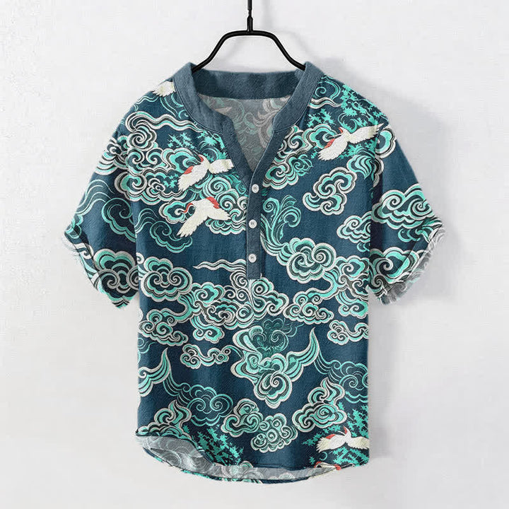 Buddha Stones Cotton Mint Cloud Crane Pattern Men's Short Sleeve Half Button Shirt - Teal - US/UK/AU50，EU60 (5XL) - image 5