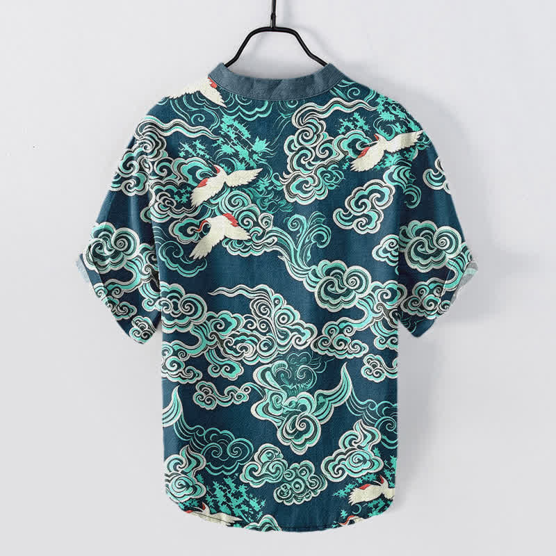 Buddha Stones Cotton Mint Cloud Crane Pattern Men's Short Sleeve Half Button Shirt - image 6