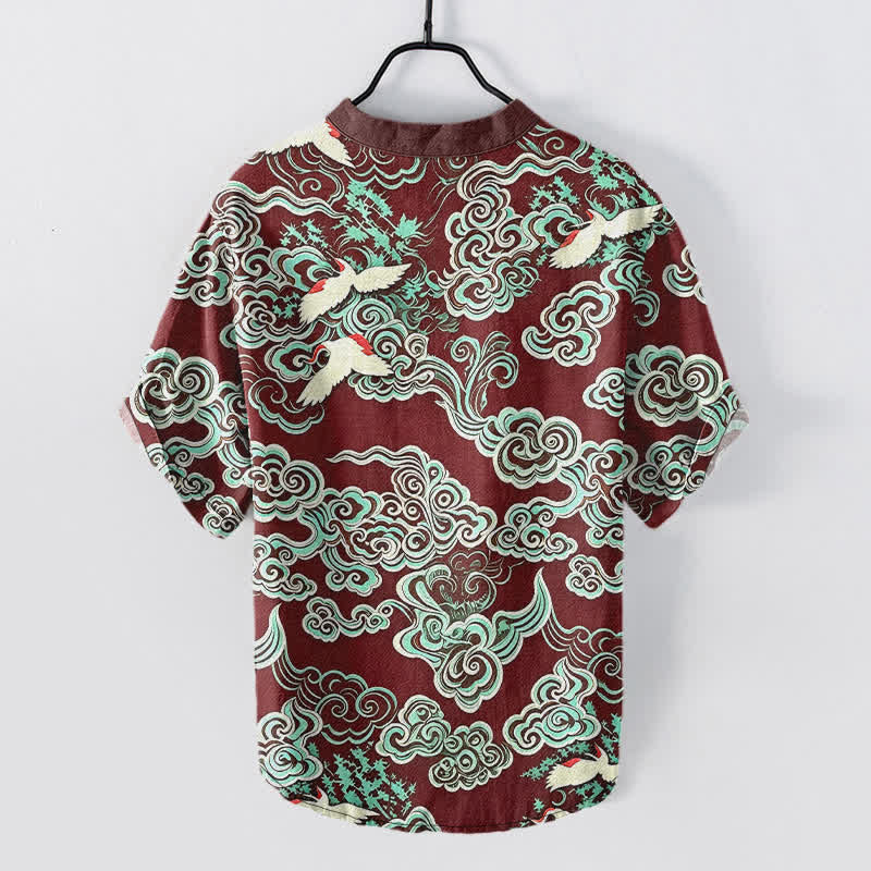 Buddha Stones Cotton Mint Cloud Crane Pattern Men's Short Sleeve Half Button Shirt - image 8
