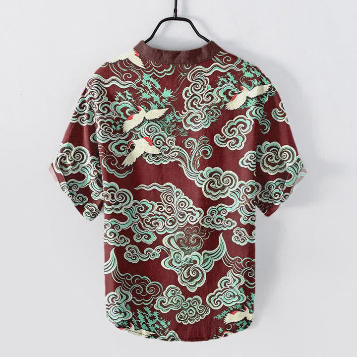 Buddha Stones Cotton Mint Cloud Crane Pattern Men's Short Sleeve Half Button Shirt - image 8