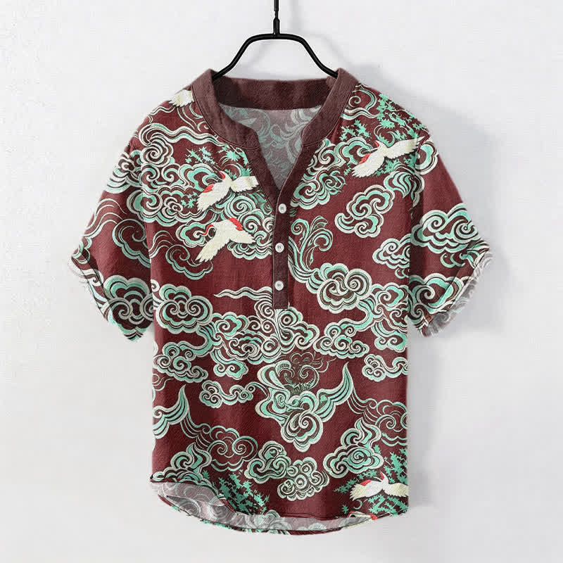 Buddha Stones Cotton Mint Cloud Crane Pattern Men's Short Sleeve Half Button Shirt - Maroon - US/UK/AU50，EU60 (5XL) - image 7