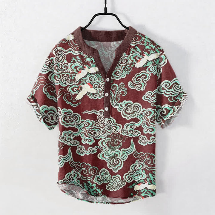 Buddha Stones Cotton Mint Cloud Crane Pattern Men's Short Sleeve Half Button Shirt - Maroon - US/UK/AU50，EU60 (5XL) - image 7