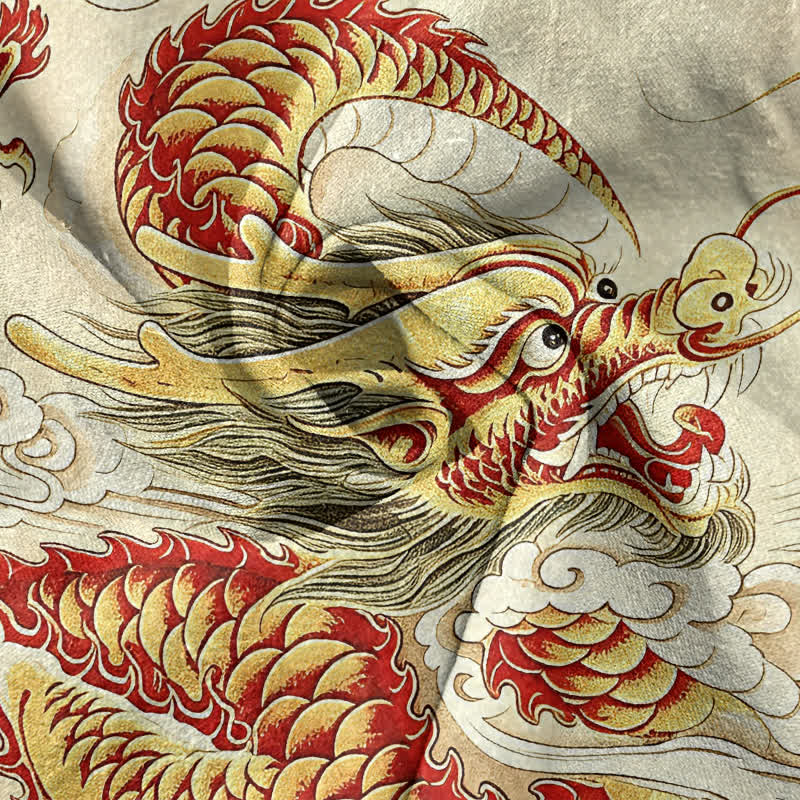 Buddha Stones Cotton Golden Dragon Pattern Men's Short Sleeve Half Button Shirt - image 2