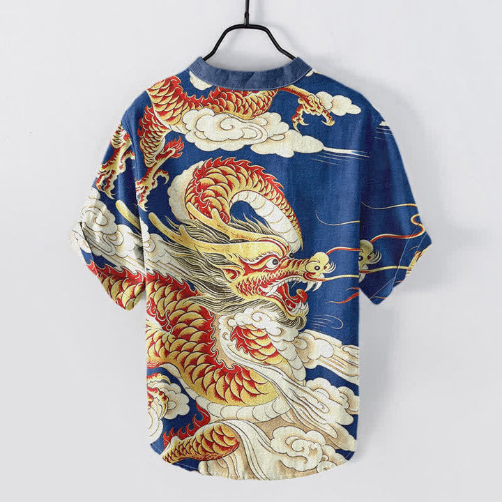 Buddha Stones Cotton Golden Dragon Pattern Men's Short Sleeve Half Button Shirt - image 4