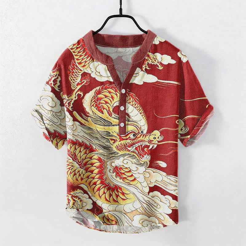 Buddha Stones Cotton Golden Dragon Pattern Men's Short Sleeve Half Button Shirt - Crimson - US/UK/AU50，EU60 (5XL) - image 5