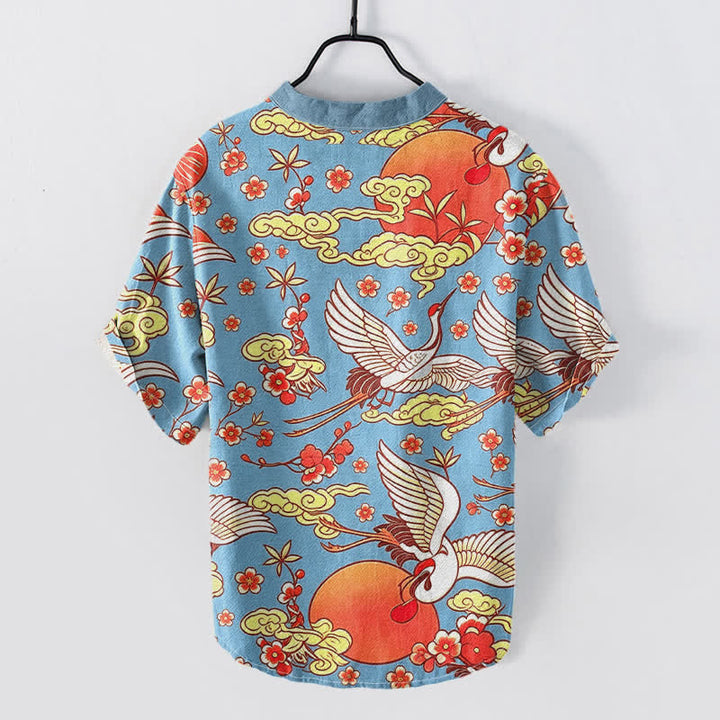 Buddha Stones Pure Cotton Crane Sun Cloud Floral Pattern Men's Short Sleeve Half Button Shirt - image 1