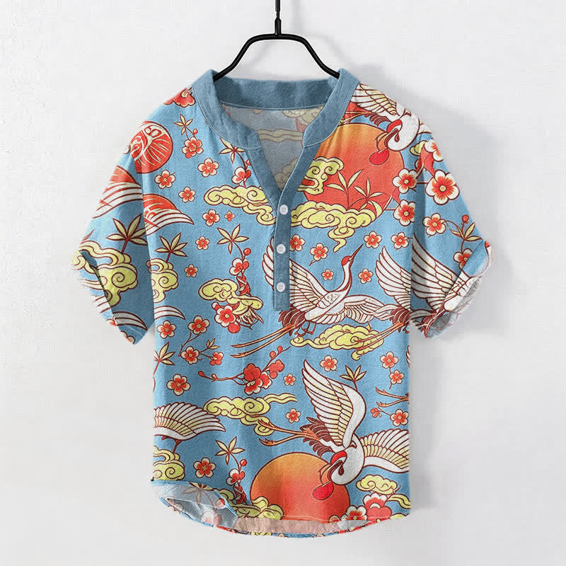 Buddha Stones Pure Cotton Crane Sun Cloud Floral Pattern Men's Short Sleeve Half Button Shirt - SkyBlue - US/UK/AU50，EU60 (5XL) - image 0