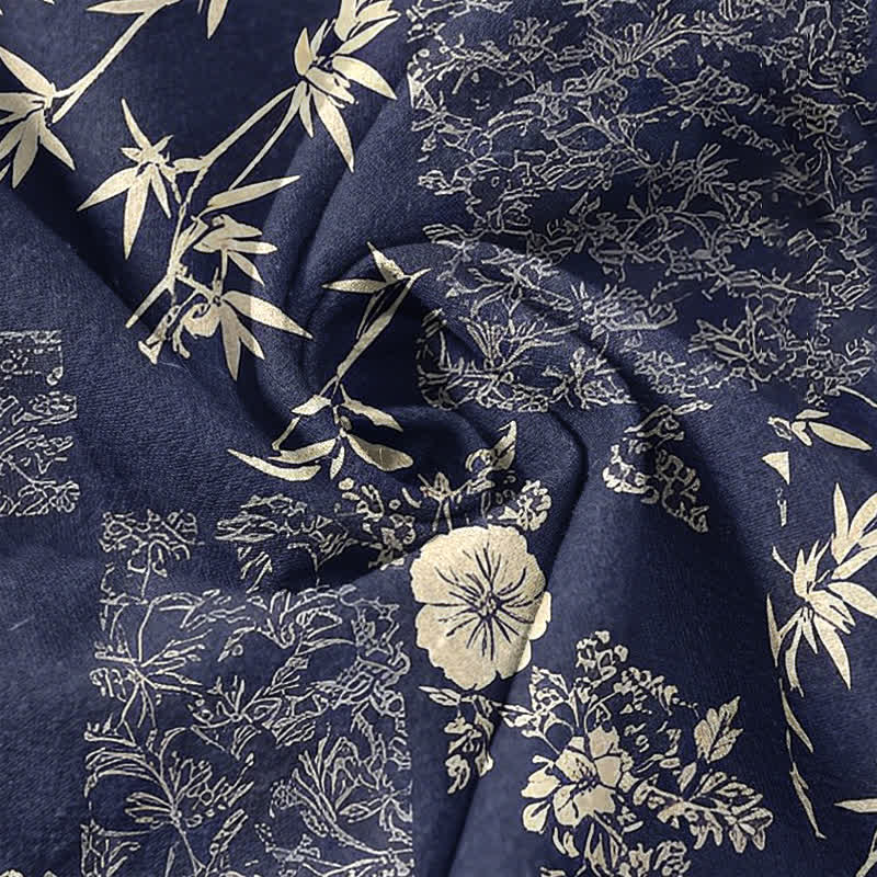 Buddha Stones Cotton Bamboo Floral Patchwork Pattern Men's Short Sleeve Half Button Shirt - image 3