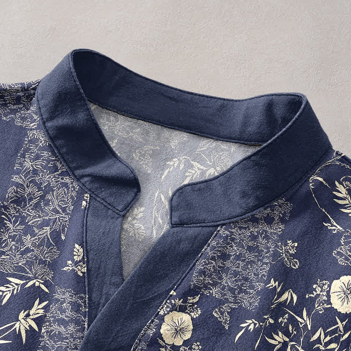 Buddha Stones Cotton Bamboo Floral Patchwork Pattern Men's Short Sleeve Half Button Shirt - image 2