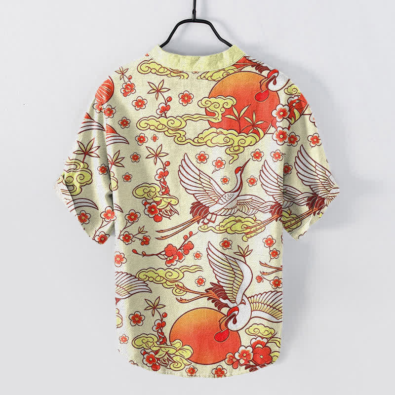 Buddha Stones Pure Cotton Crane Sun Cloud Floral Pattern Men's Short Sleeve Half Button Shirt - image 4