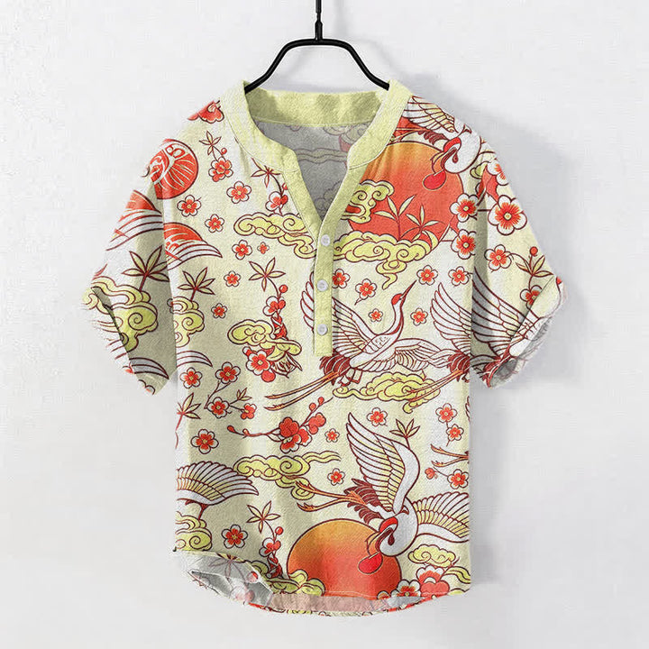 Buddha Stones Pure Cotton Crane Sun Cloud Floral Pattern Men's Short Sleeve Half Button Shirt - Ivory - US/UK/AU50，EU60 (5XL) - image 3