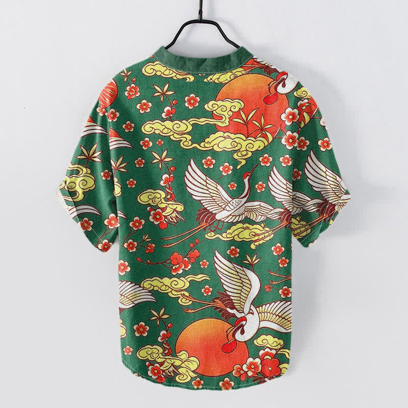 Buddha Stones Pure Cotton Crane Sun Cloud Floral Pattern Men's Short Sleeve Half Button Shirt - image 6