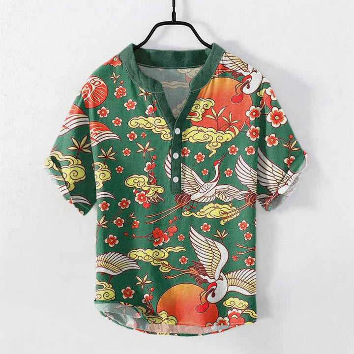 Buddha Stones Pure Cotton Crane Sun Cloud Floral Pattern Men's Short Sleeve Half Button Shirt - ForestGreen - US/UK/AU50，EU60 (5XL) - image 5