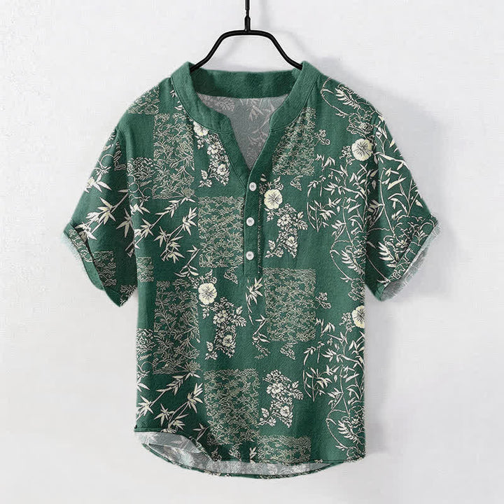 Buddha Stones Cotton Bamboo Floral Patchwork Pattern Men's Short Sleeve Half Button Shirt - ForestGreen - US/UK/AU50，EU60 (5XL) - image 5