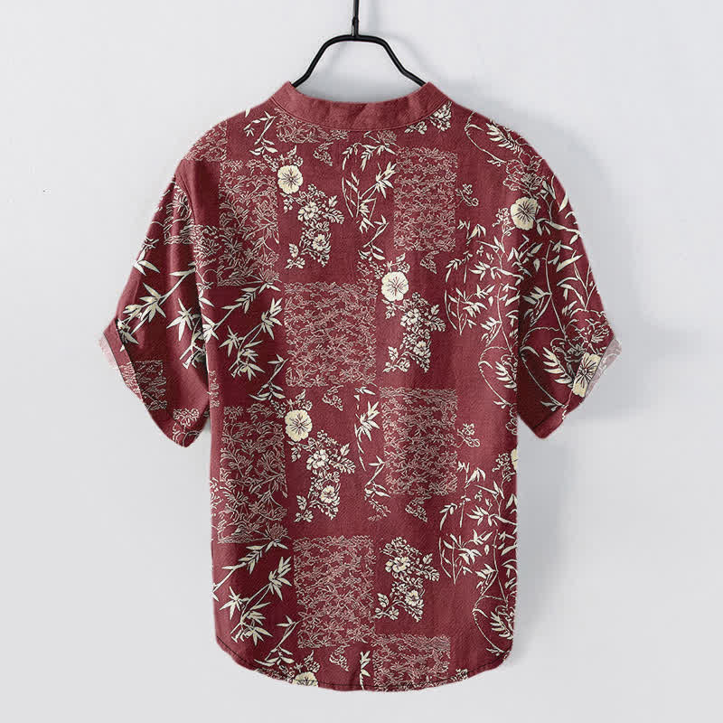 Buddha Stones Cotton Bamboo Floral Patchwork Pattern Men's Short Sleeve Half Button Shirt - image 8