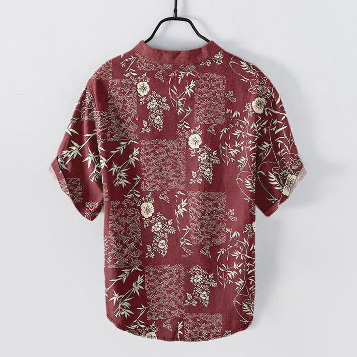 Buddha Stones Cotton Bamboo Floral Patchwork Pattern Men's Short Sleeve Half Button Shirt - image 8